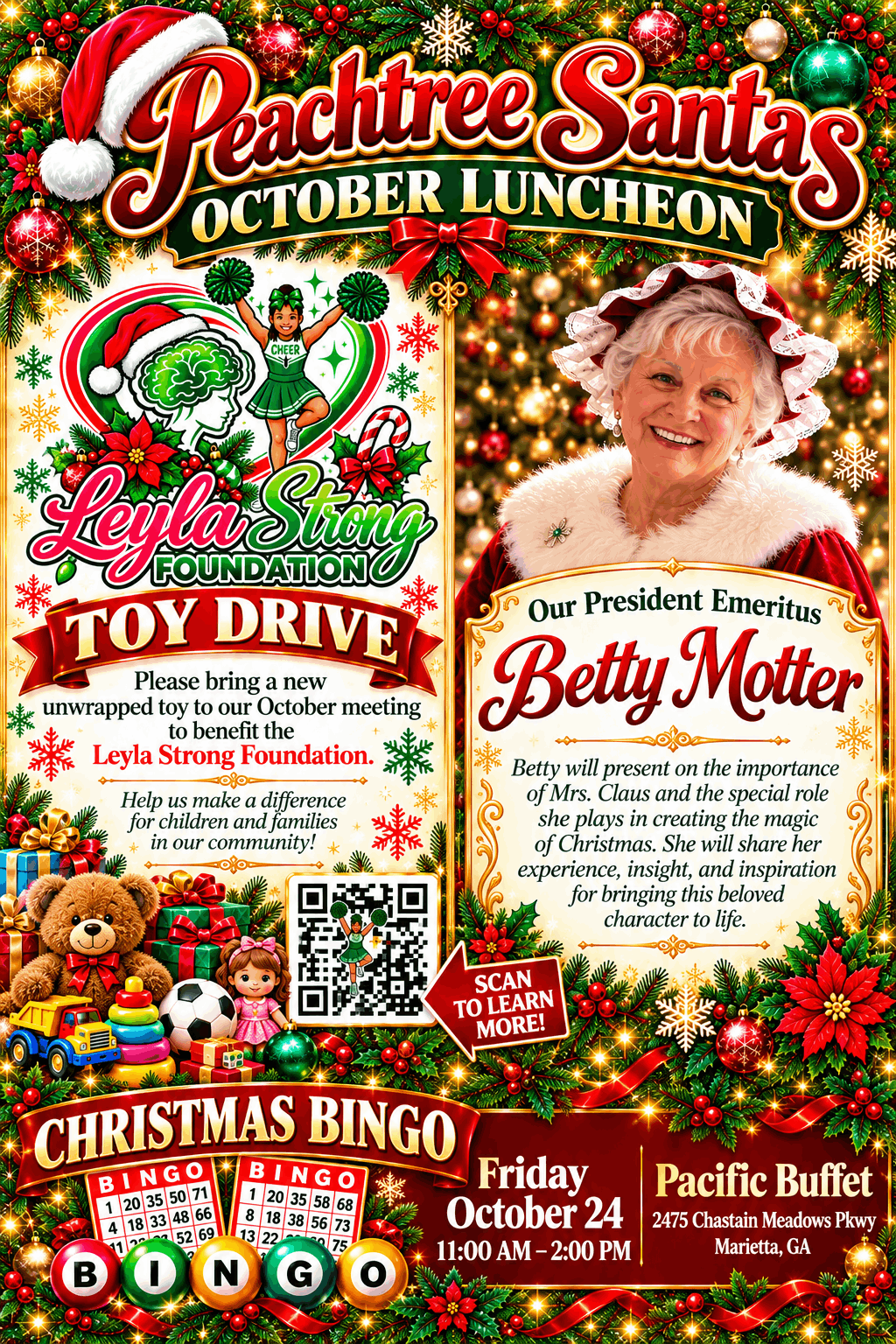 Peachtree Santas Christmas Bingo October meeting flyer, Saturday October 24, 11 AM to 2 PM, Pacific Buffet, Marietta, Georgia